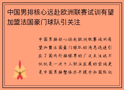 中国男排核心远赴欧洲联赛试训有望加盟法国豪门球队引关注