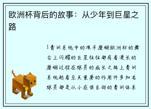 欧洲杯背后的故事：从少年到巨星之路